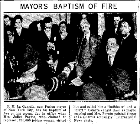 Juliet Stuart Poyntz points at Mayor La Guardia