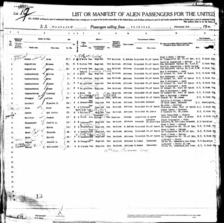 1924 ship manifest with Claudia Cumberbatch, her sisters, an aunt and a cousin